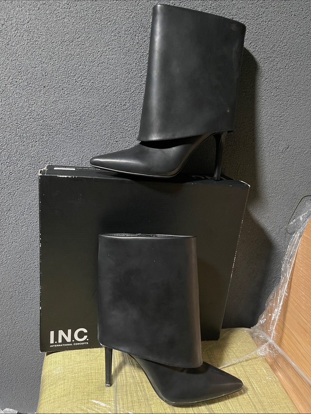 NEW INC International  Women’s Black High-Heel Pointed Toe Fold-Over Boots